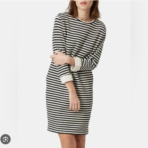 Topshop Sz 6 Grey & White Horizontal Stripe Knit Dress 3/4 Cuffed Sleeves - Picture 1 of 6